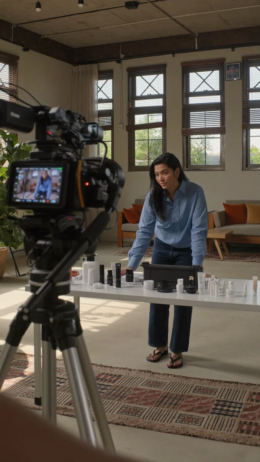 Behind-the-scenes product shoot with a camera and a person arranging items on a table.
