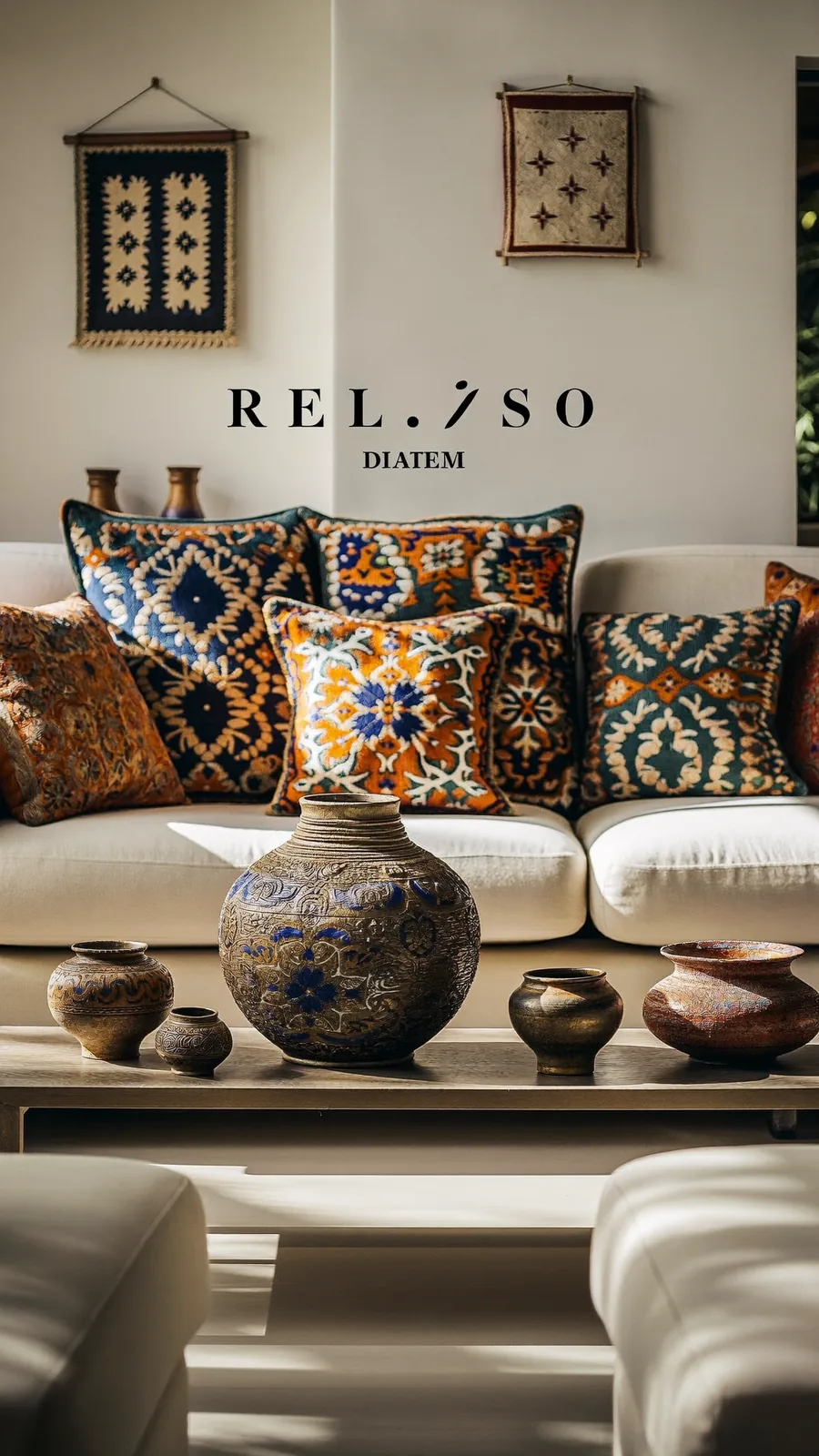 Warm interior design scene with furniture, cushions and decorative objects.