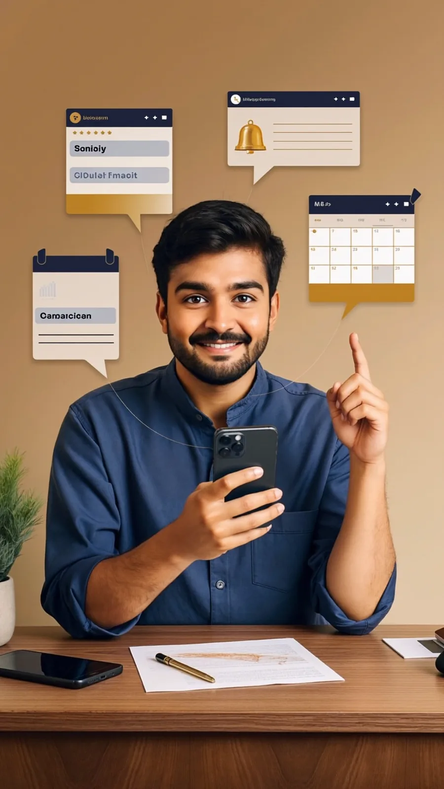Portrait of a business owner with message and follow-up interface graphics.